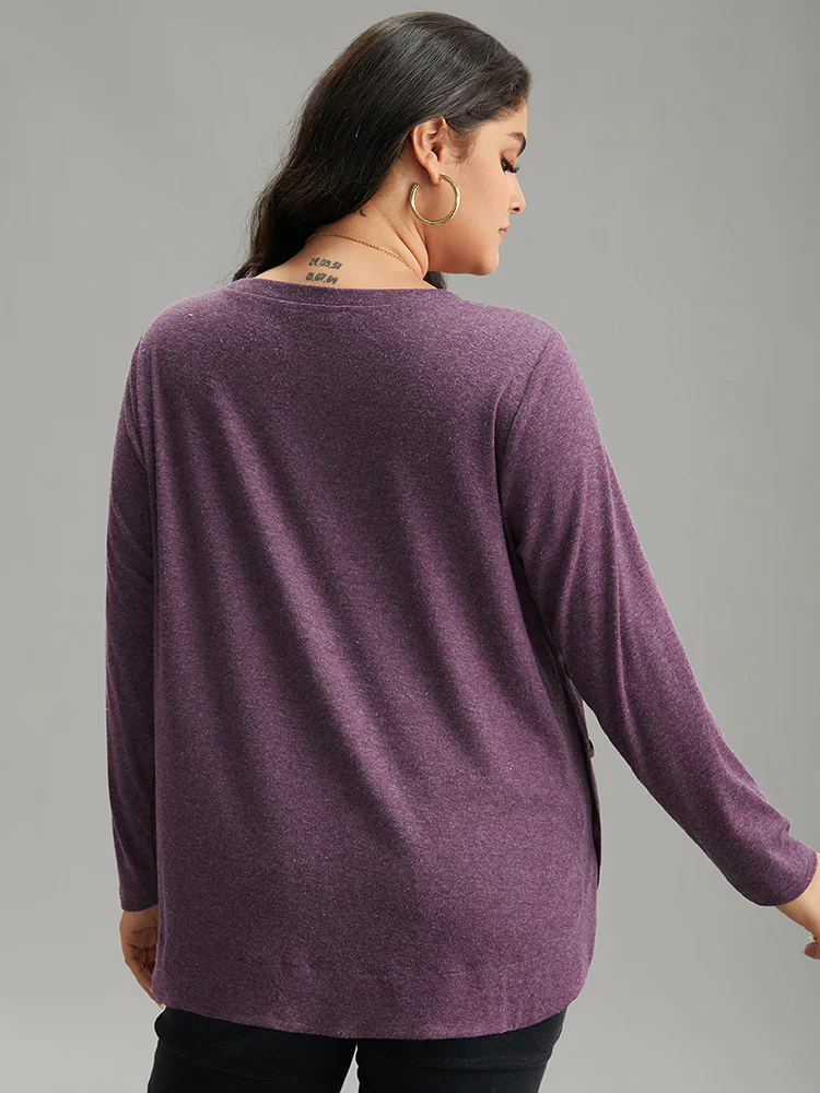 Plain Button Detail Curved Hem T-shirt - Image 6