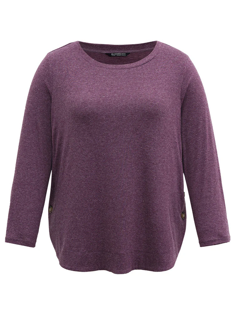 Plain Button Detail Curved Hem T-shirt - Image 8