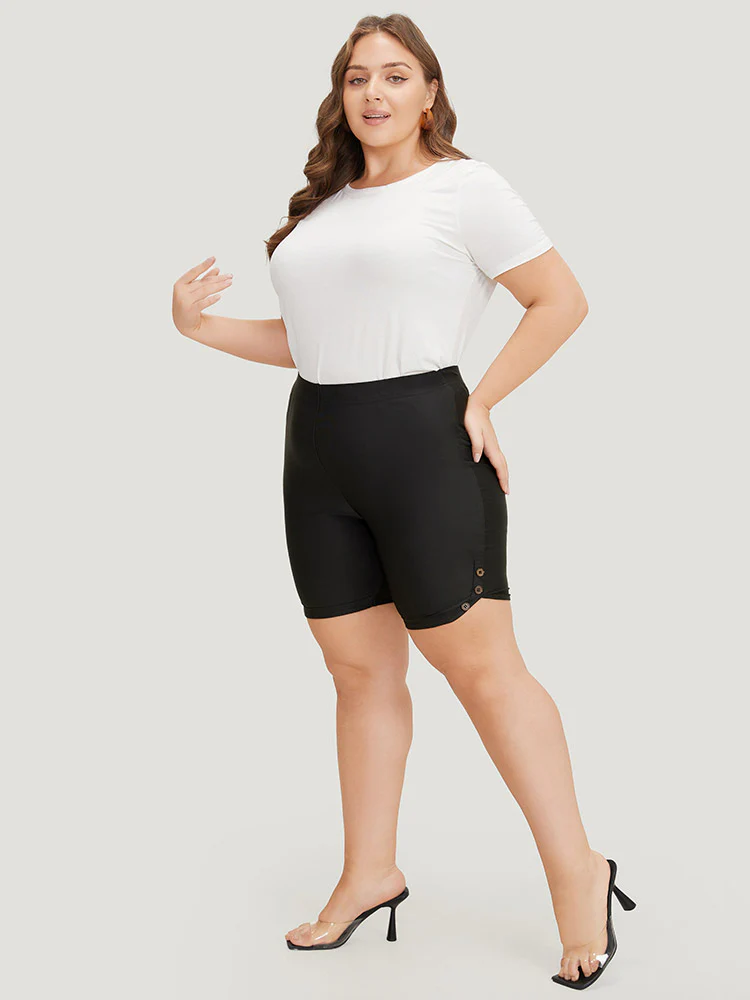 Plain Button Detail Dolphin Hem Leggings - Image 4