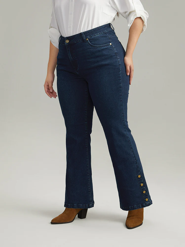 Plain Button Detail Flare Leg Full Length Jeans - Image 2