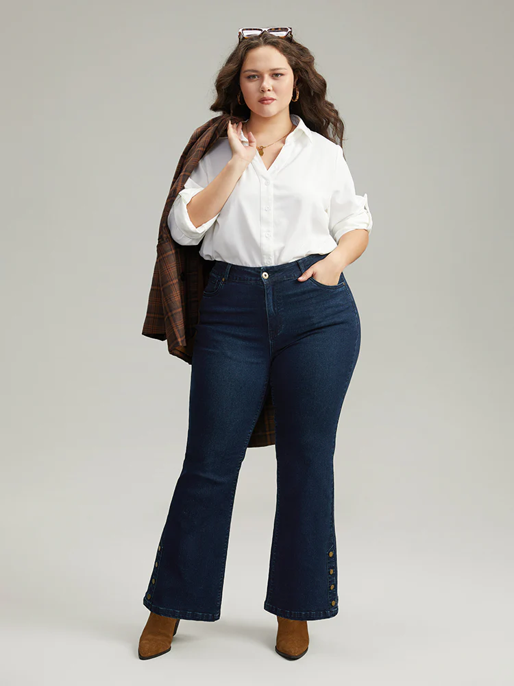 Plain Button Detail Flare Leg Full Length Jeans - Image 3