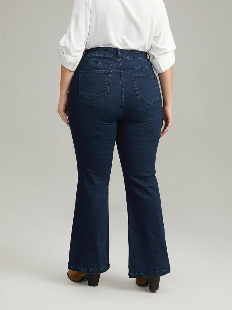 Plain Button Detail Flare Leg Full Length Jeans - Image 4
