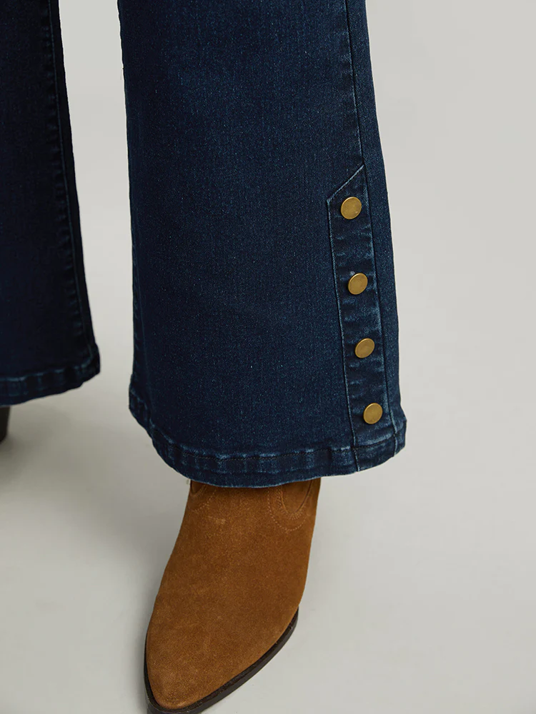 Plain Button Detail Flare Leg Full Length Jeans - Image 5
