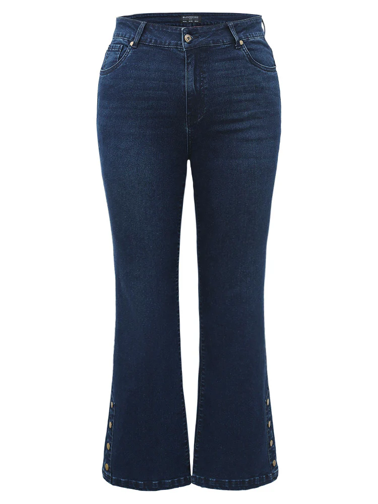 Plain Button Detail Flare Leg Full Length Jeans - Image 7
