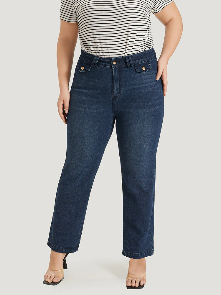 Plain Button Detail High Rise Dark Wash Jeans - Image 2