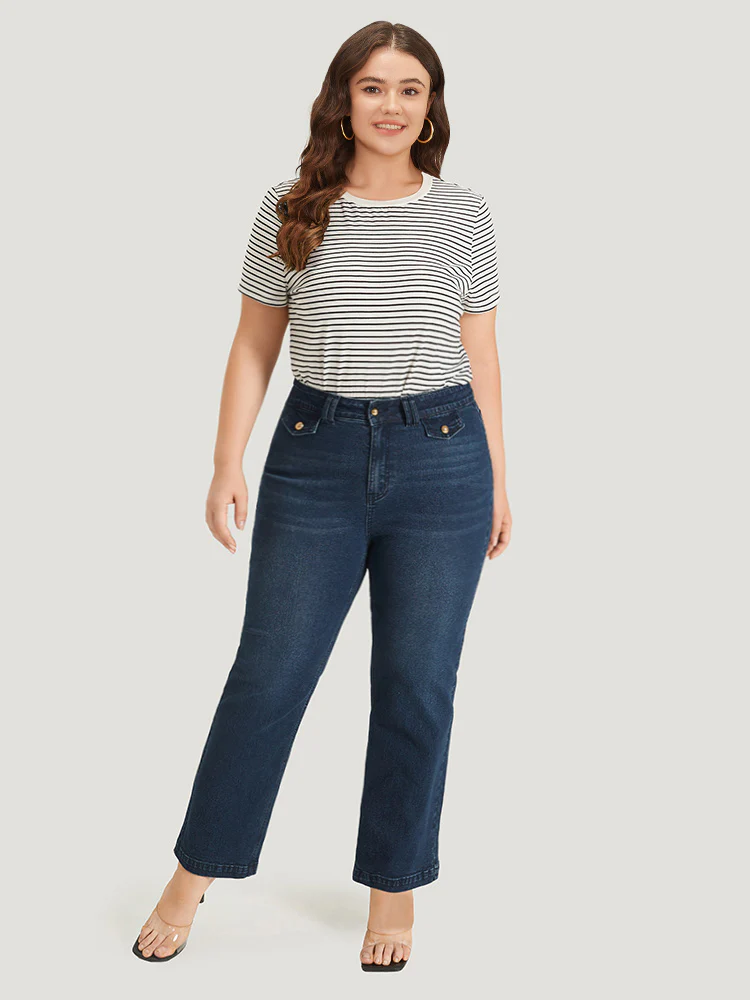 Plain Button Detail High Rise Dark Wash Jeans - Image 3