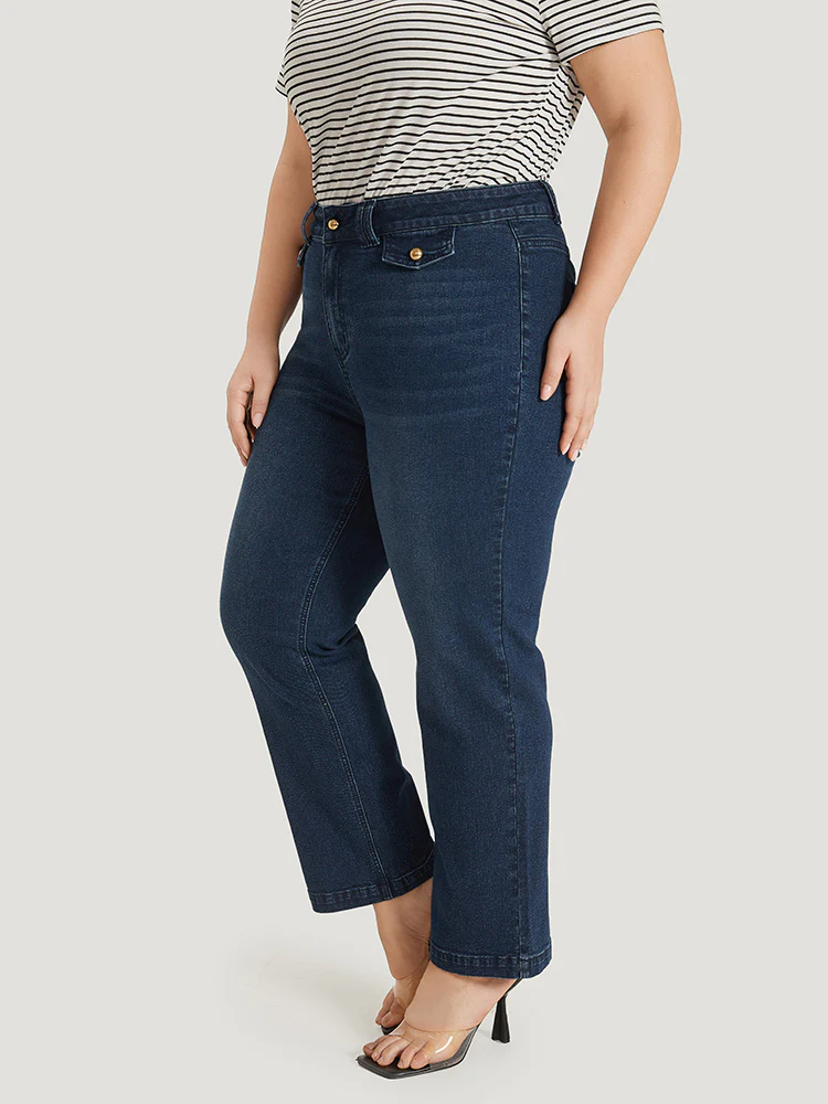Plain Button Detail High Rise Dark Wash Jeans - Image 4