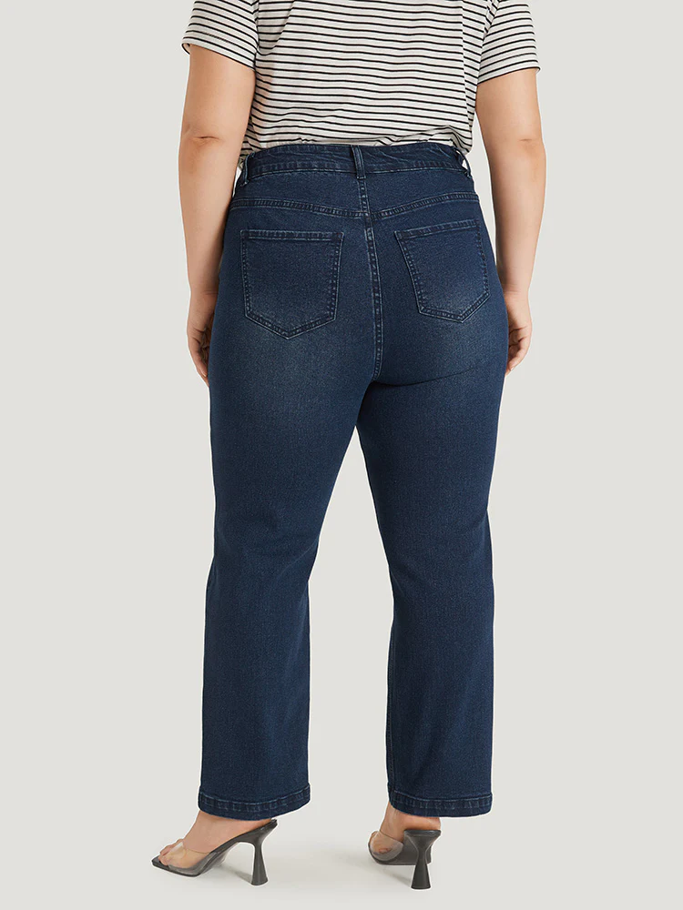Plain Button Detail High Rise Dark Wash Jeans - Image 5