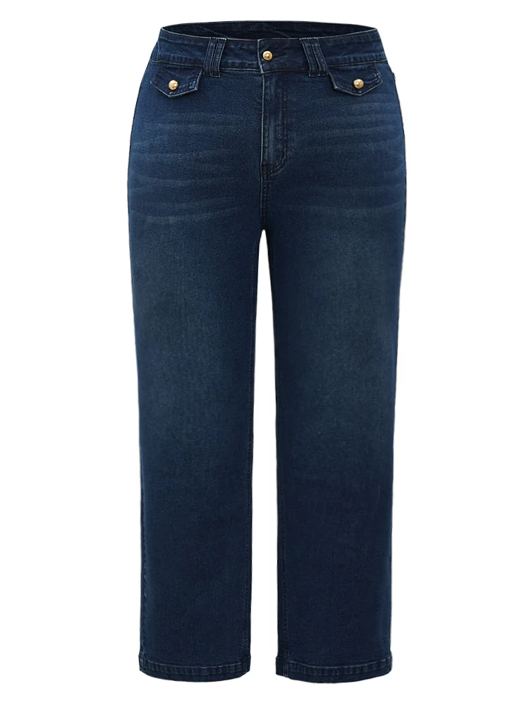 Plain Button Detail High Rise Dark Wash Jeans - Image 7