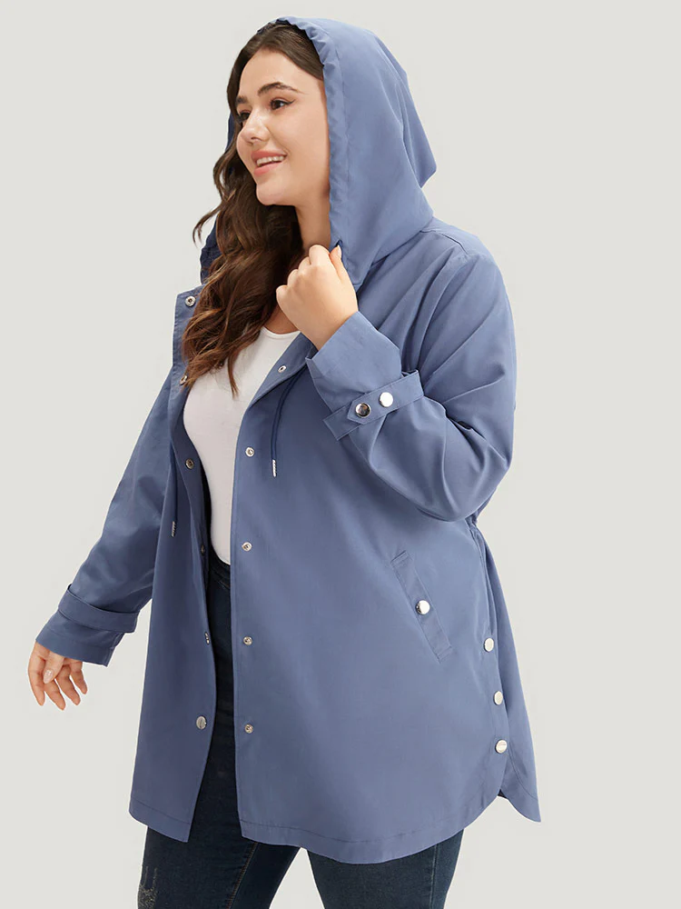 Plain Button Detail Hooded Drawstring Coat - Image 3