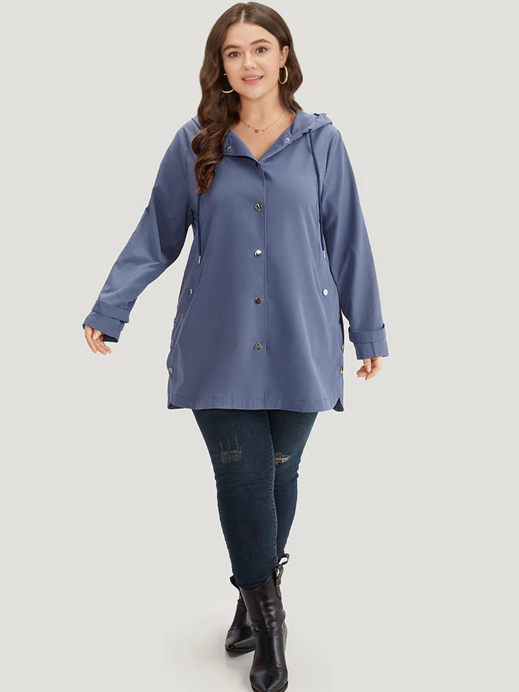 Plain Button Detail Hooded Drawstring Coat - Image 4