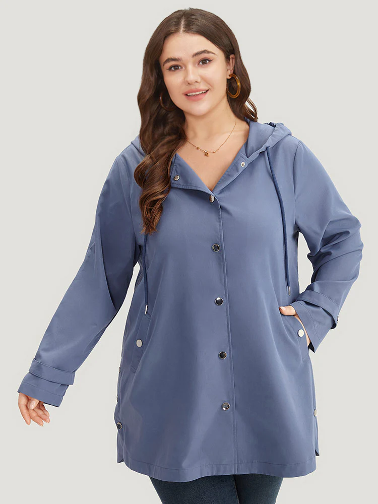 Plain Button Detail Hooded Drawstring Coat - Image 5