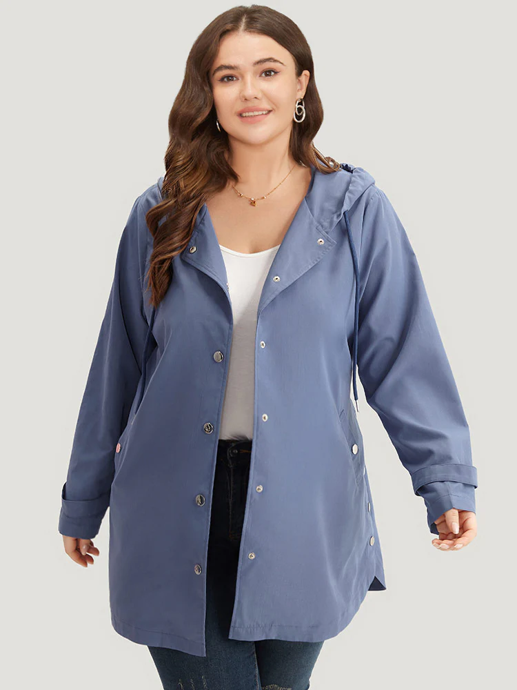 Plain Button Detail Hooded Drawstring Coat - Image 6