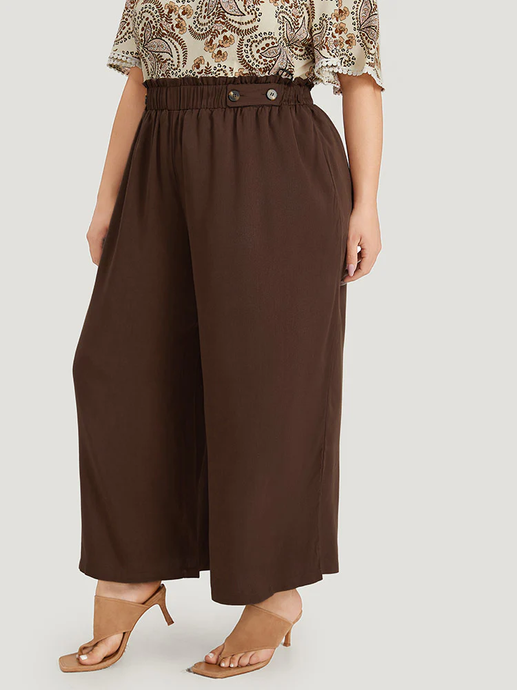 Plain Button Detail Pocket Paperbag Waist Woven Pants - Image 3