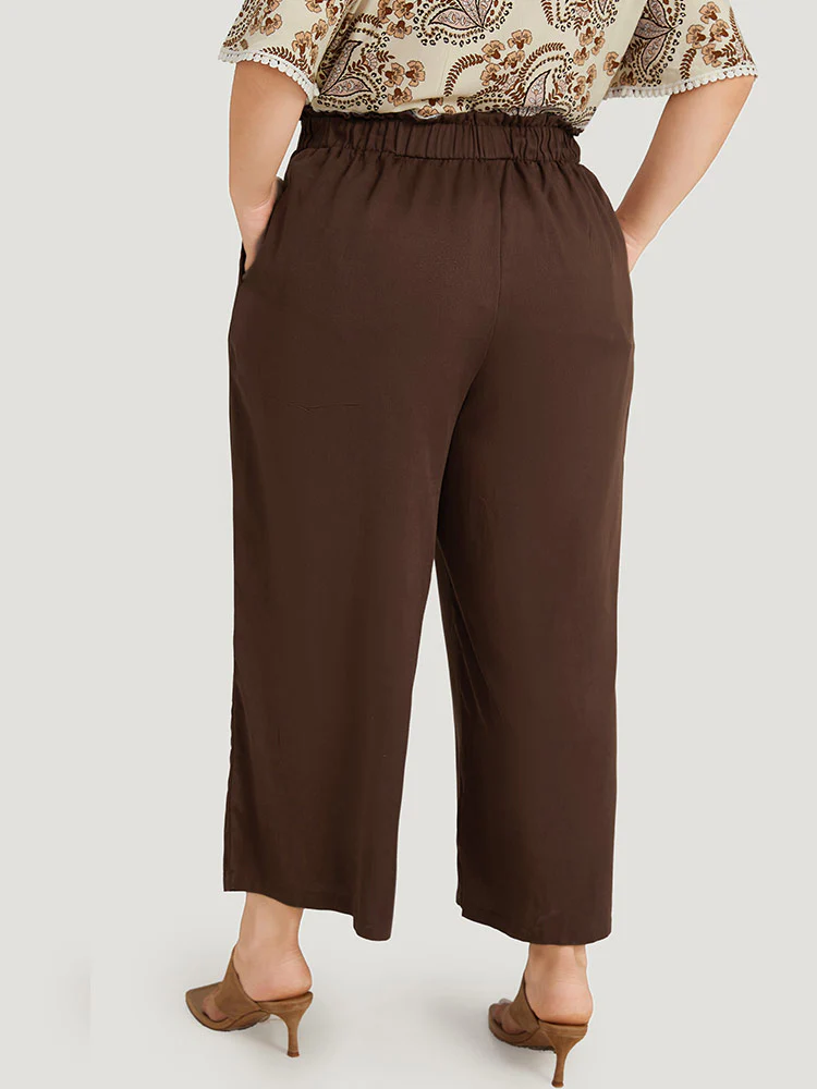 Plain Button Detail Pocket Paperbag Waist Woven Pants - Image 4