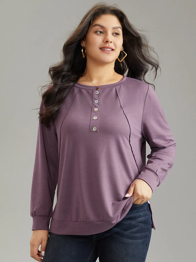 Plain Button Detail Round Neck Knit Sweatshirt