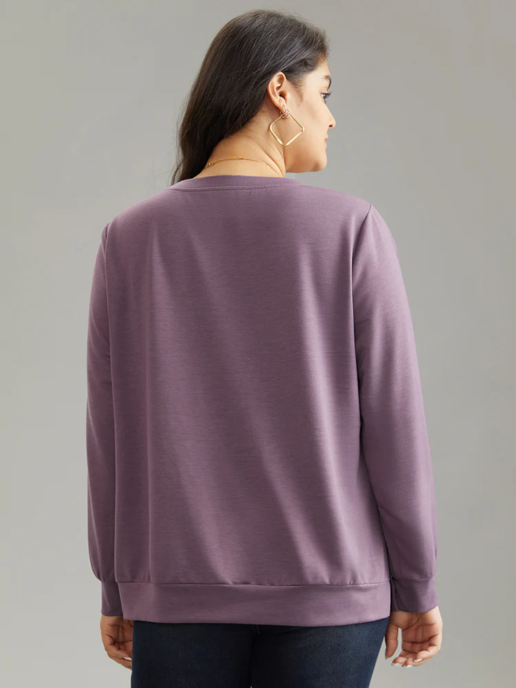 Plain Button Detail Round Neck Knit Sweatshirt - Image 2