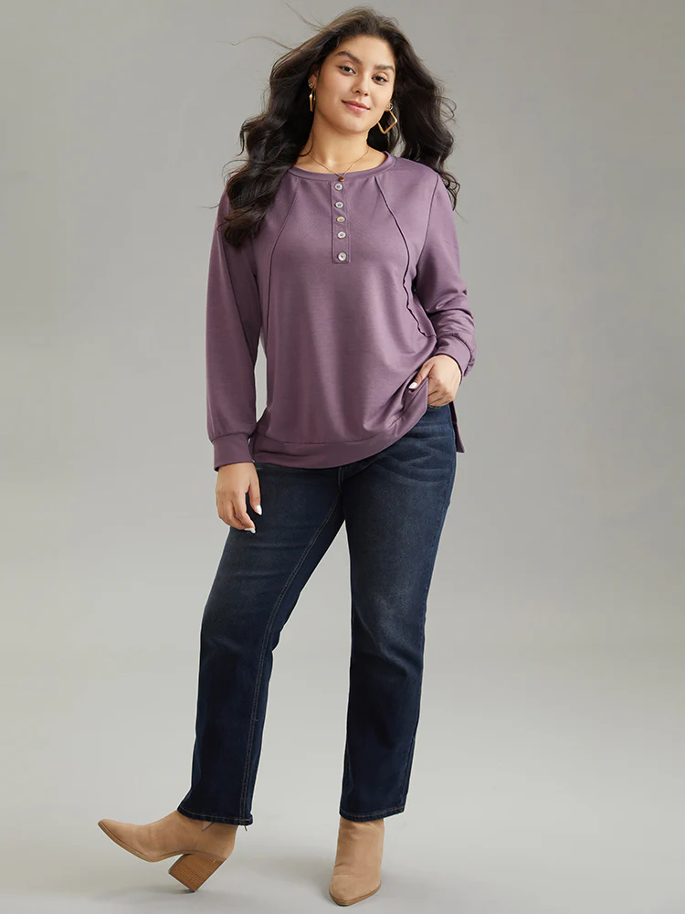 Plain Button Detail Round Neck Knit Sweatshirt - Image 3