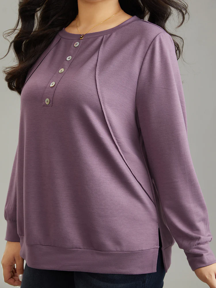 Plain Button Detail Round Neck Knit Sweatshirt - Image 4