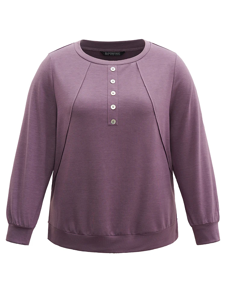 Plain Button Detail Round Neck Knit Sweatshirt - Image 5