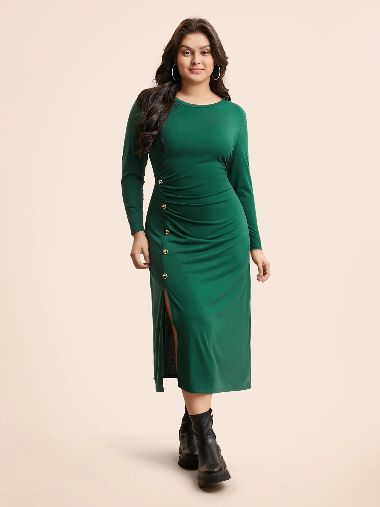 Plain Button Detail Split Hem Dress - Image 2