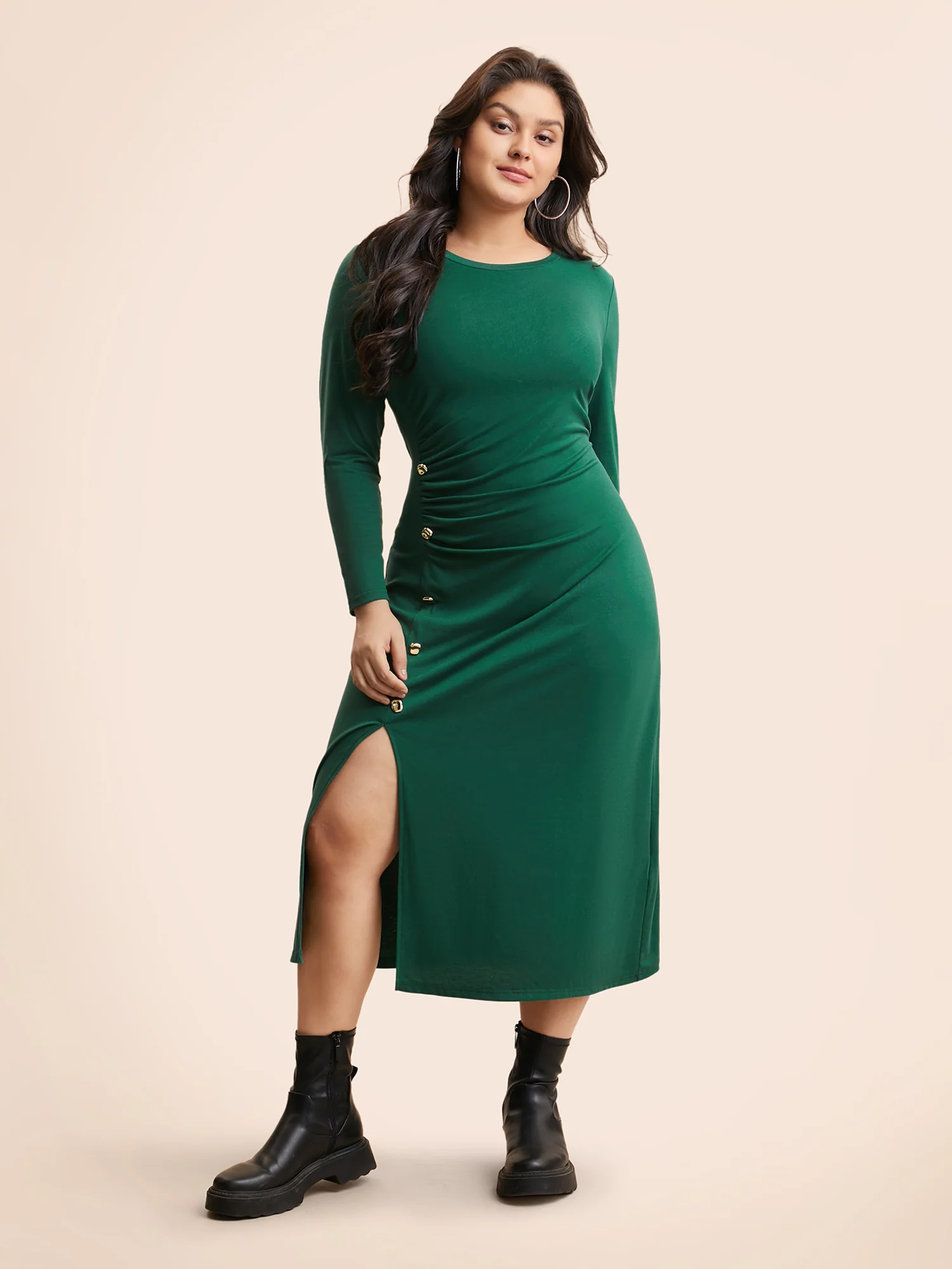 Plain Button Detail Split Hem Dress - Image 3