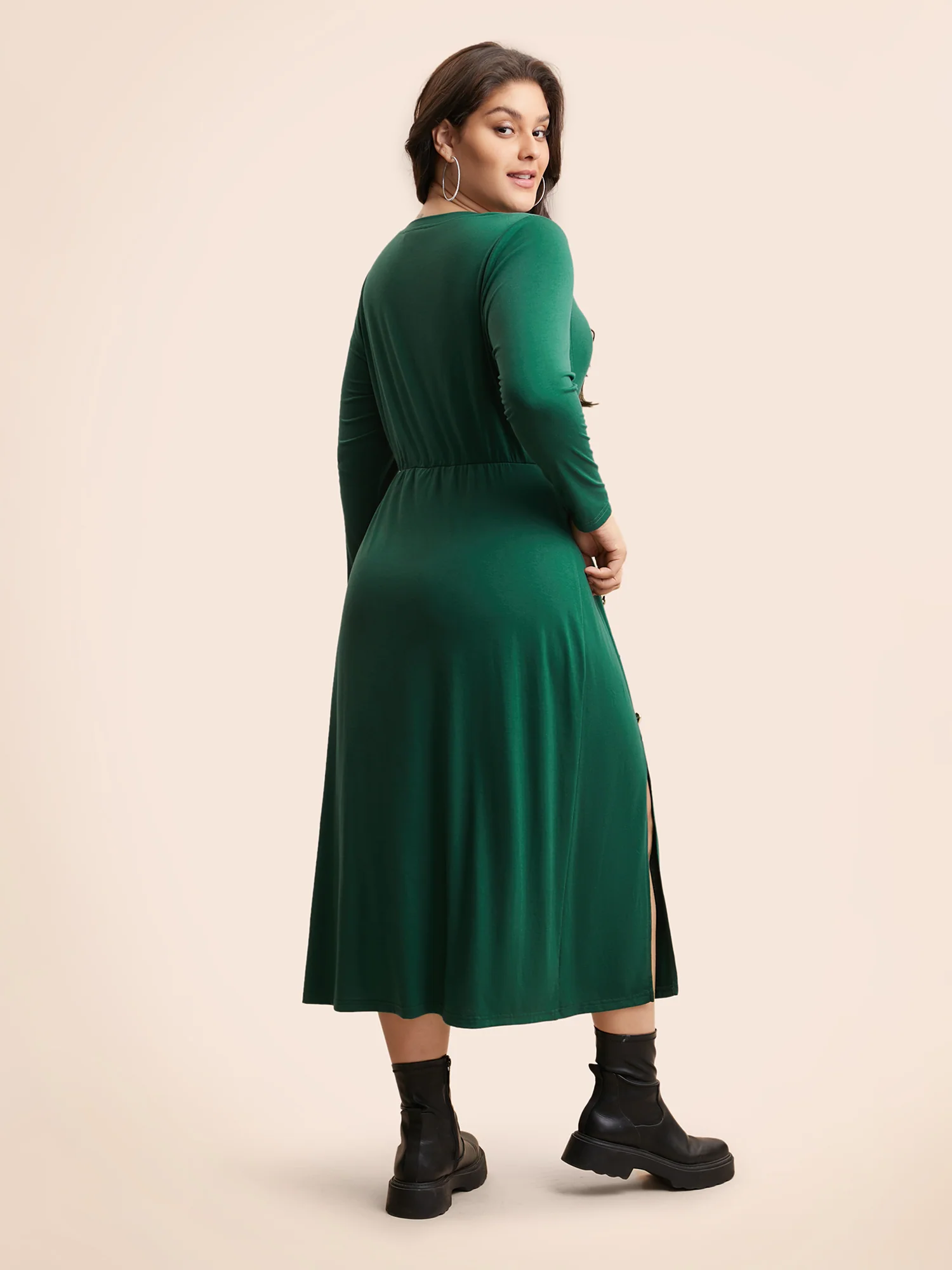 Plain Button Detail Split Hem Dress - Image 4