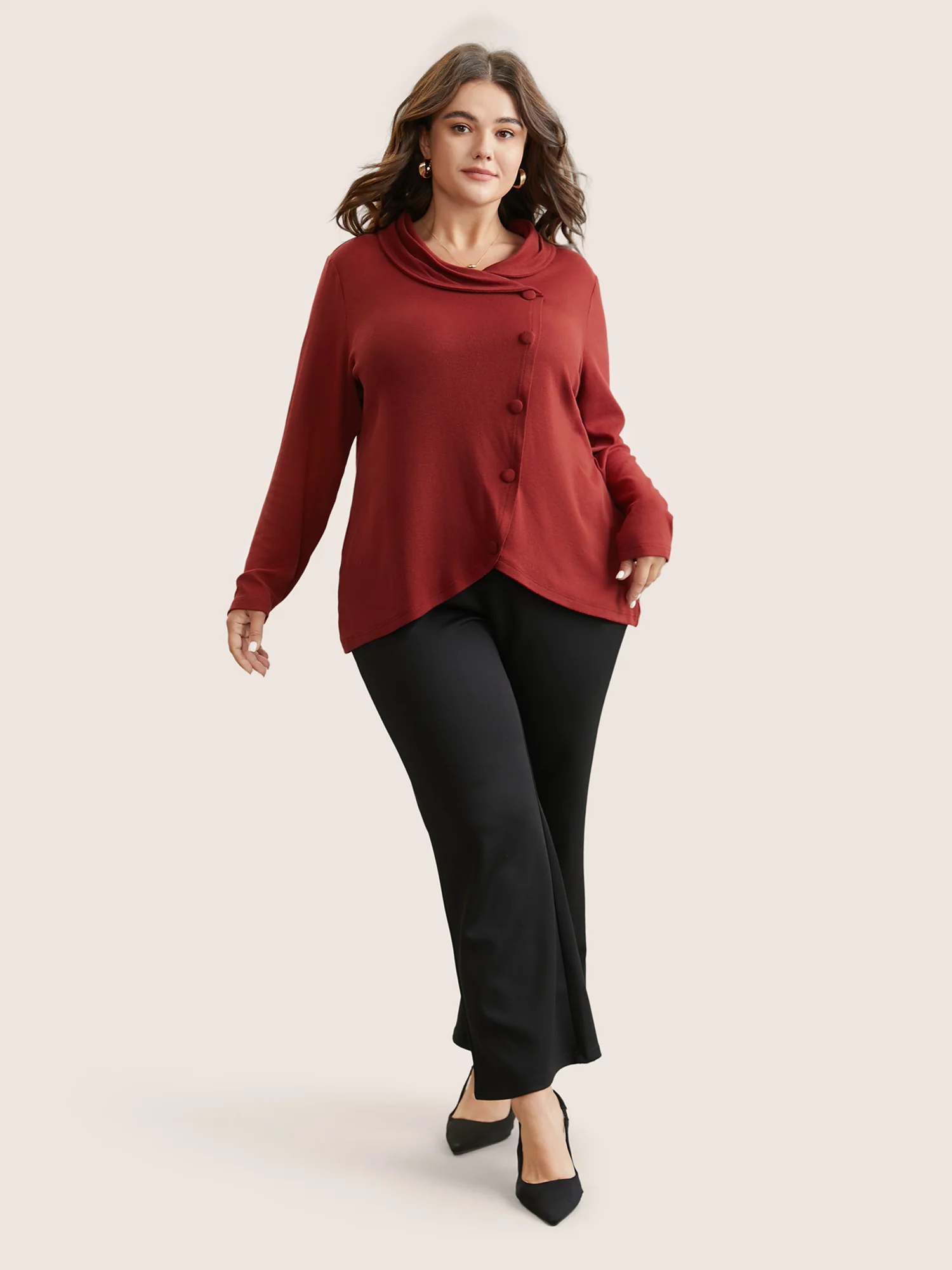 Plain Button Detail Wrap Hem T-shirt - Image 3