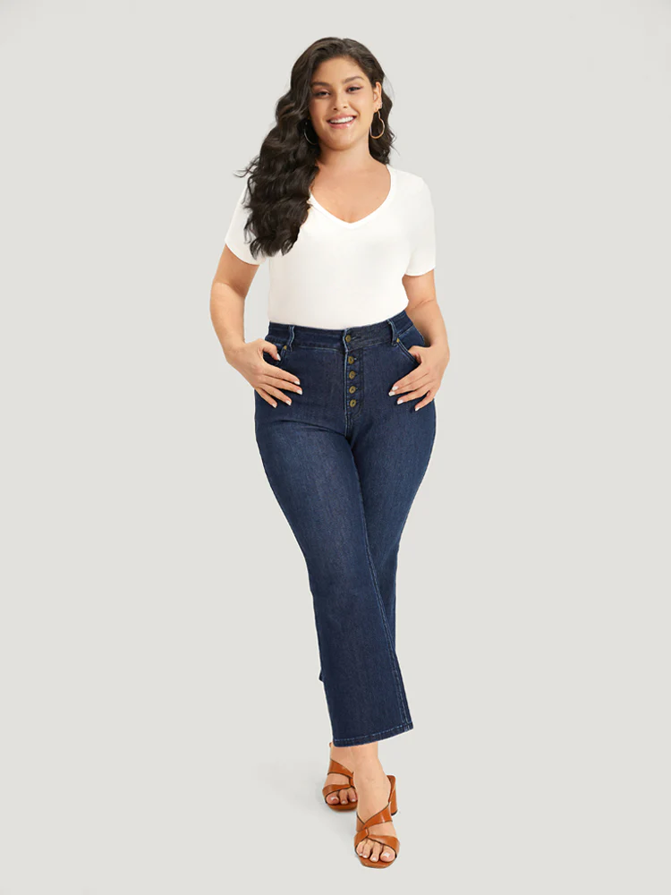 Plain Button Fly High Rise Bootcut Jeans - Image 2