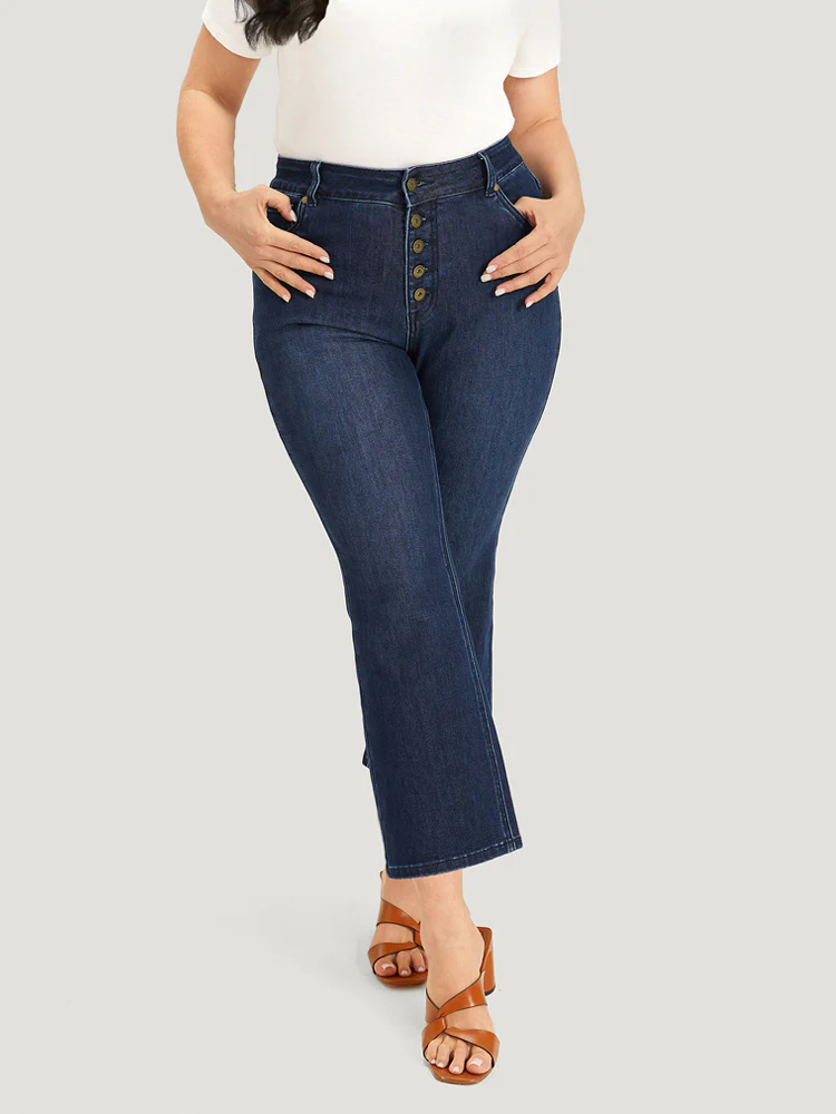 Plain Button Fly High Rise Bootcut Jeans - Image 4