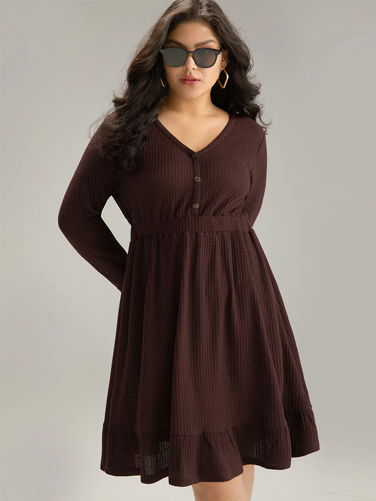 Waffle Knit Button Up Elastic Waist Dress - Image 2