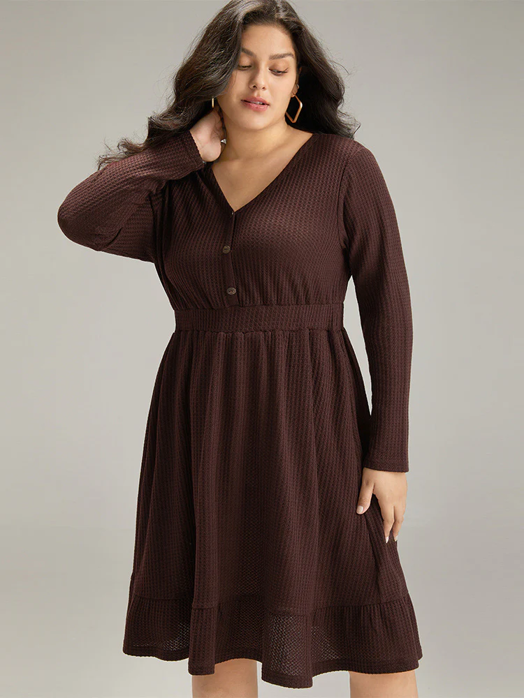 Waffle Knit Button Up Elastic Waist Dress - Image 3