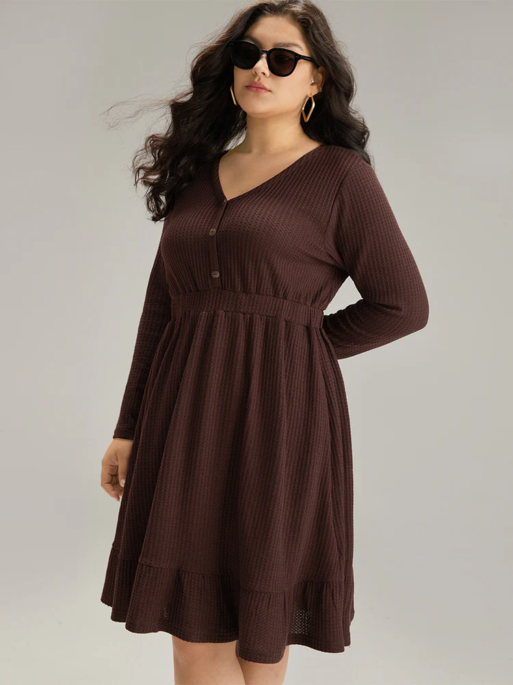 Waffle Knit Button Up Elastic Waist Dress - Image 4
