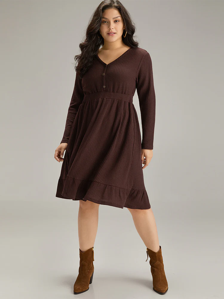Waffle Knit Button Up Elastic Waist Dress - Image 5