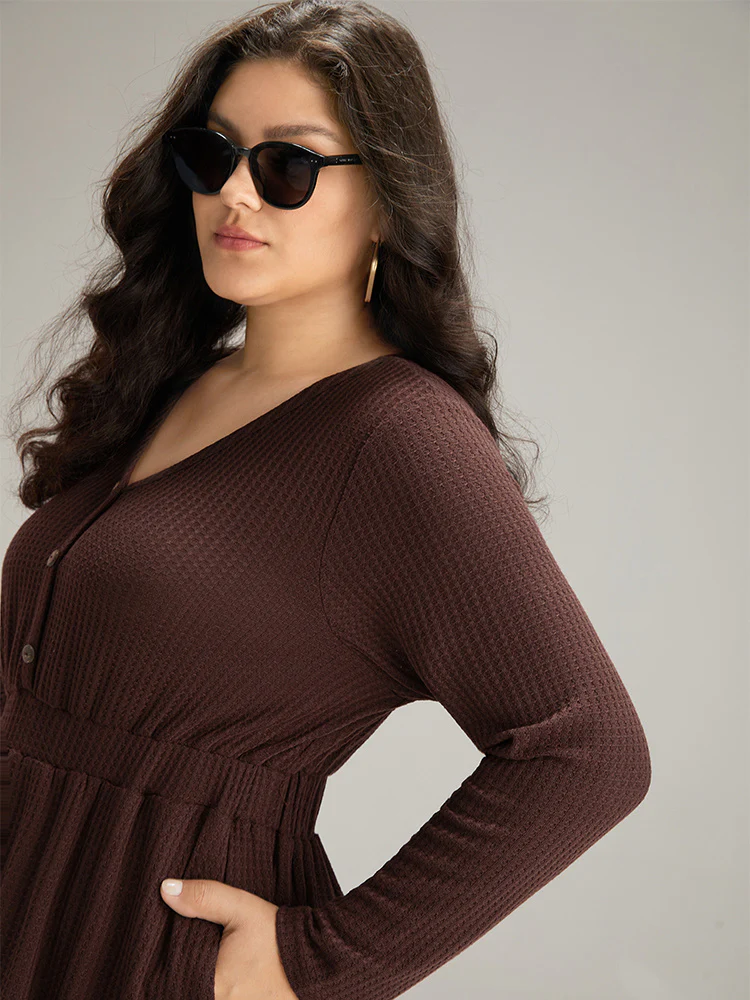 Waffle Knit Button Up Elastic Waist Dress - Image 8