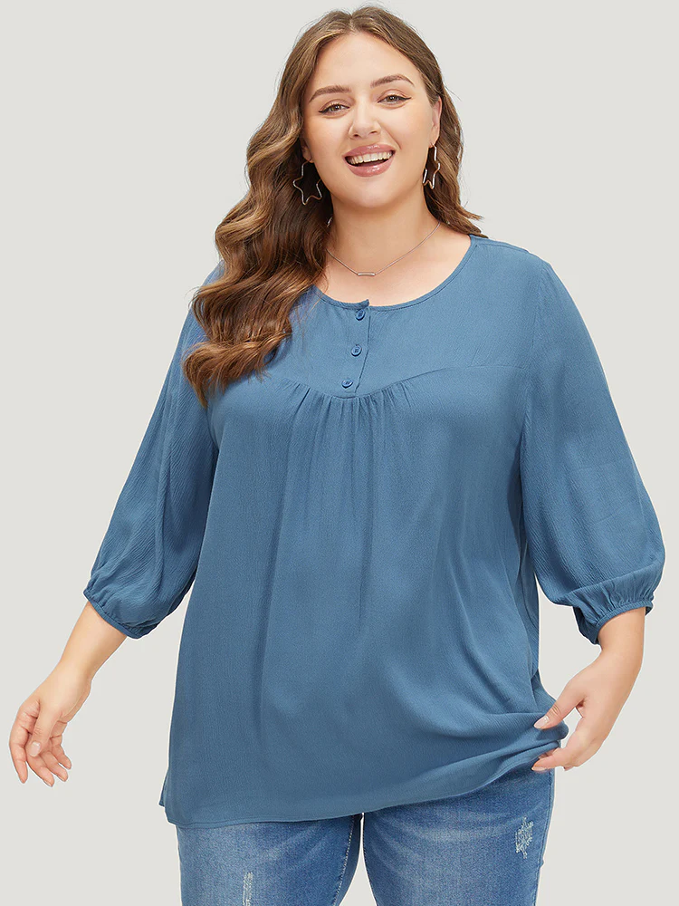 Plain Button Up Gathered Lantern Sleeve Blouse - Image 2
