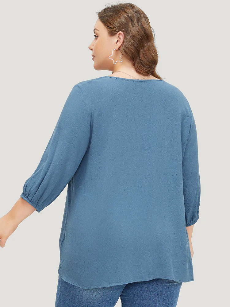 Plain Button Up Gathered Lantern Sleeve Blouse - Image 3