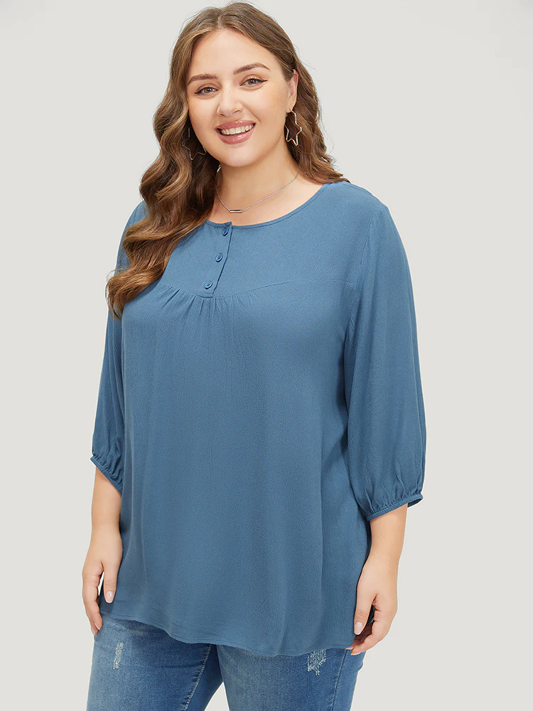 Plain Button Up Gathered Lantern Sleeve Blouse - Image 4