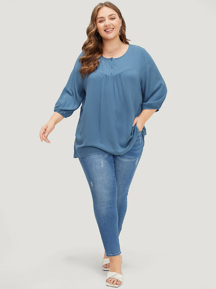 Plain Button Up Gathered Lantern Sleeve Blouse - Image 5