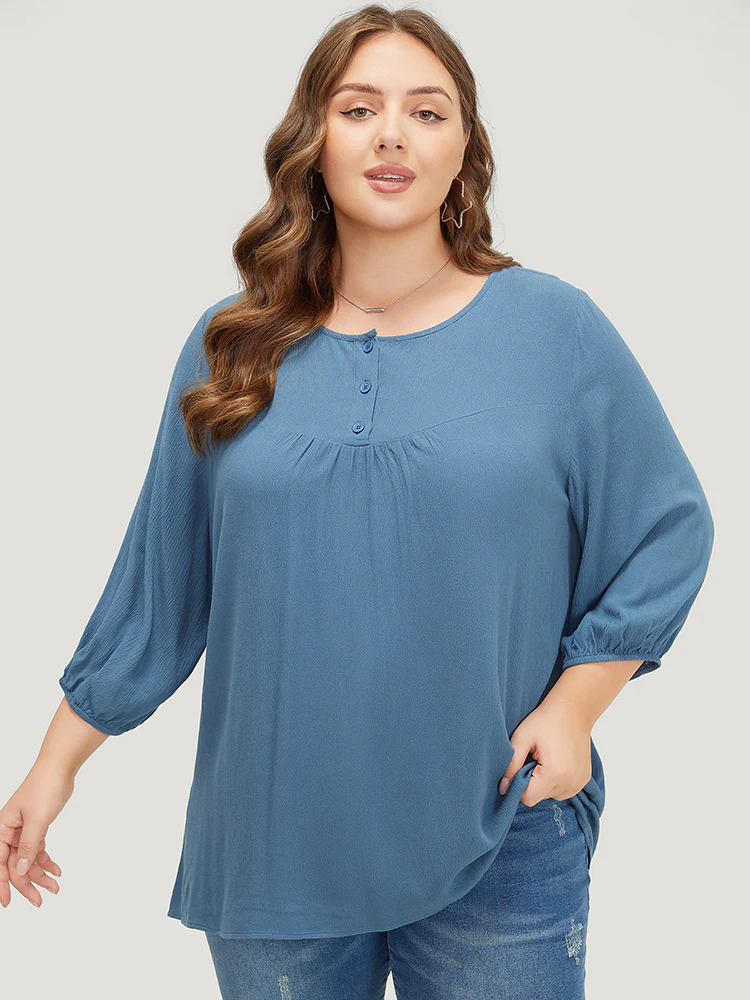 Plain Button Up Gathered Lantern Sleeve Blouse - Image 6