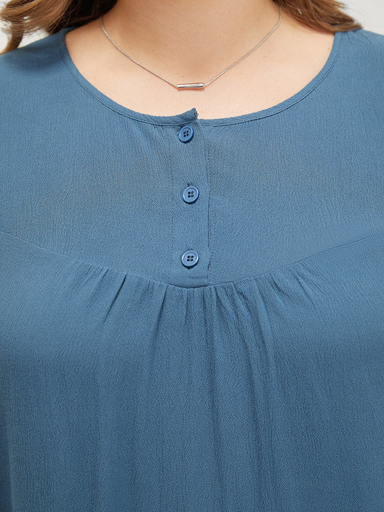 Plain Button Up Gathered Lantern Sleeve Blouse - Image 7