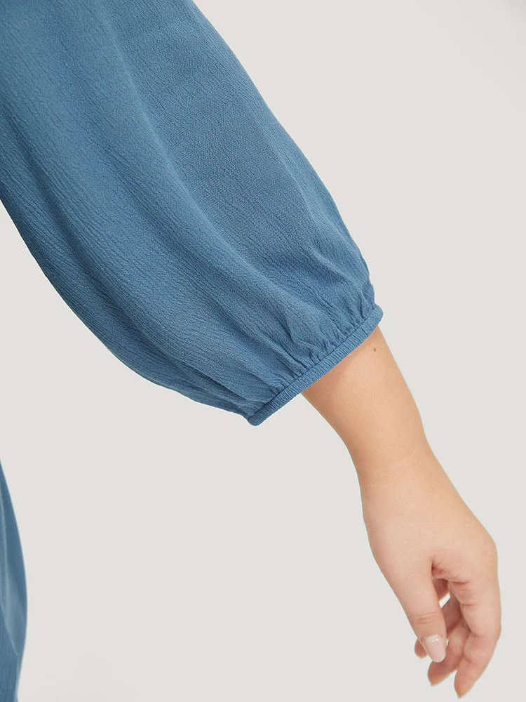 Plain Button Up Gathered Lantern Sleeve Blouse - Image 8