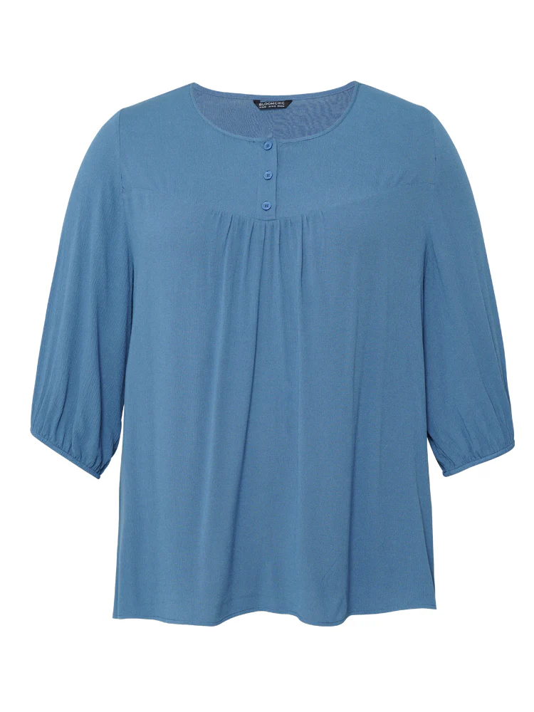 Plain Button Up Gathered Lantern Sleeve Blouse - Image 9
