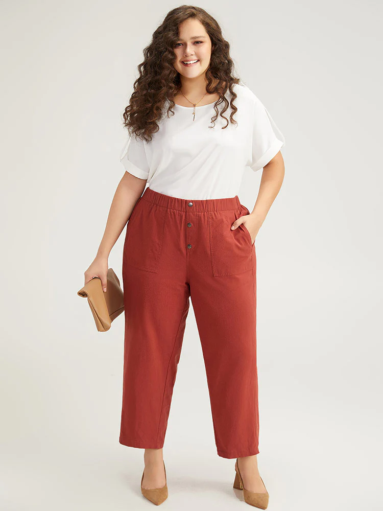 Plain Button Up Pocket Straight High Rise Leg Pants - Image 2