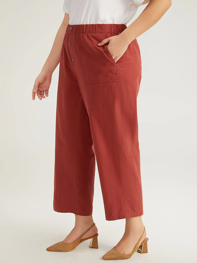 Plain Button Up Pocket Straight High Rise Leg Pants - Image 3