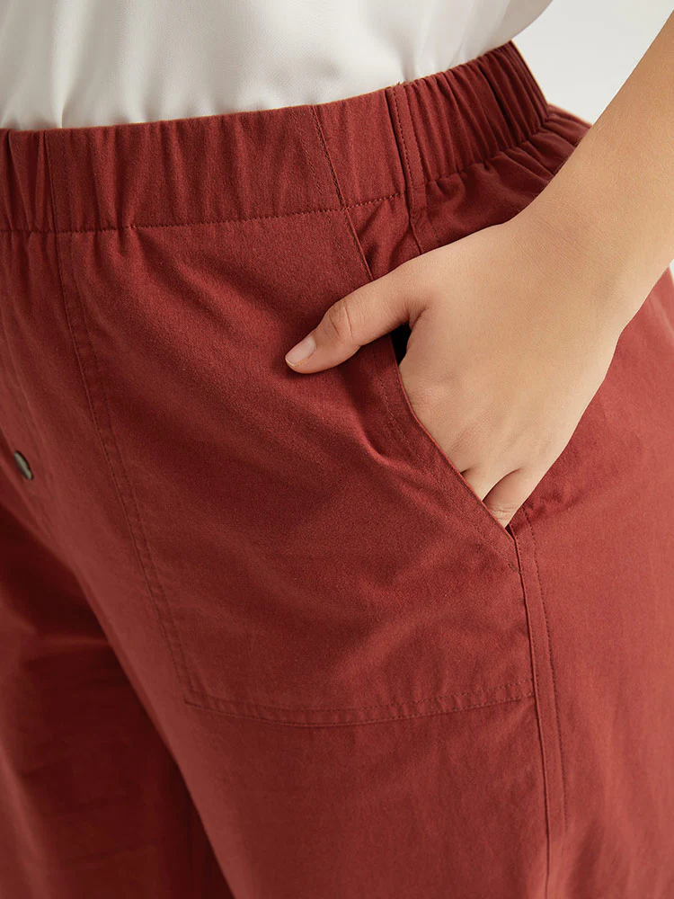 Plain Button Up Pocket Straight High Rise Leg Pants - Image 5