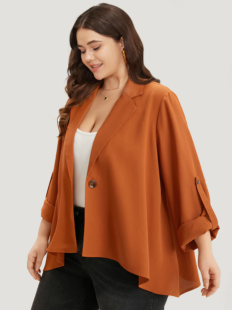 Plain Button Up Tab Sleeve High Low Hem Blazer - Image 3