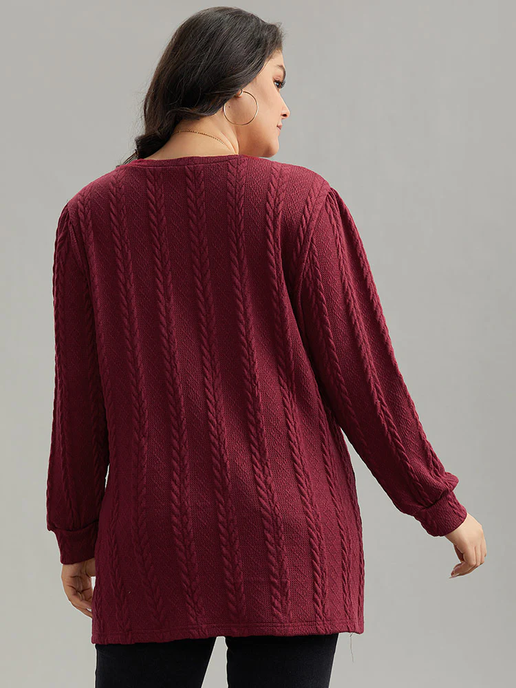Plain Cable Knit Elastic Cuffs Sweatshirt - Image 10
