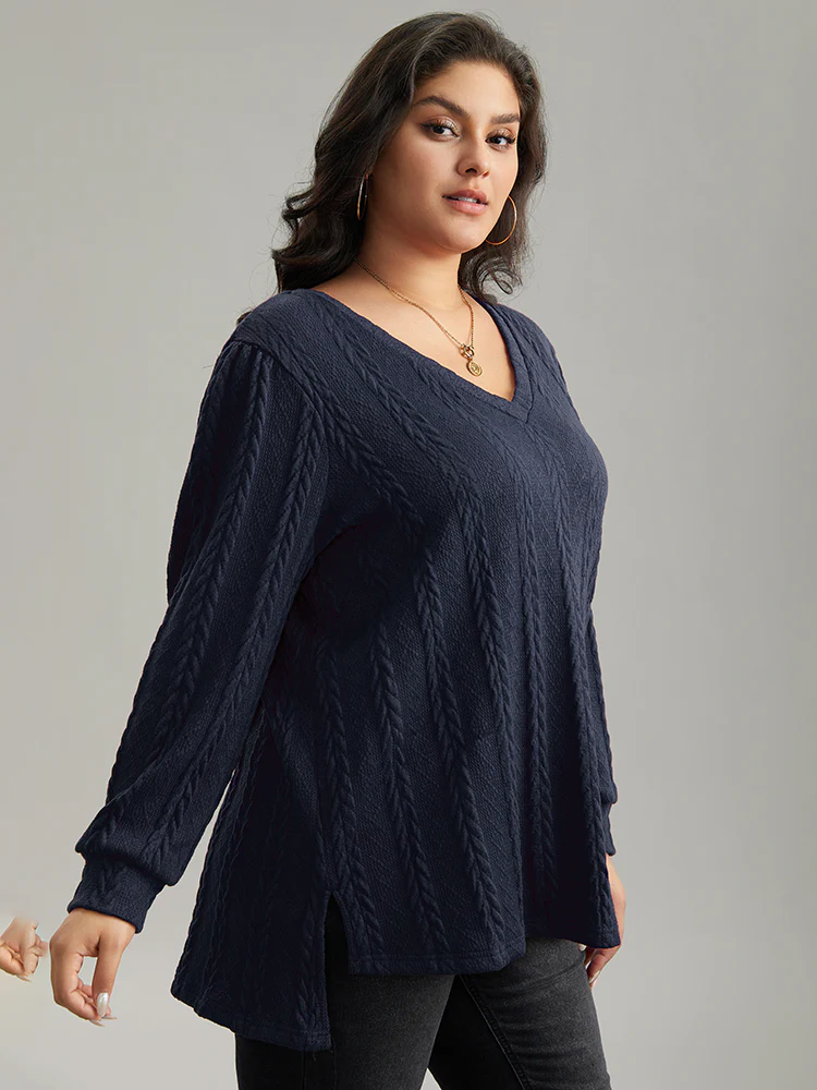 Plain Cable Knit Elastic Cuffs Sweatshirt - Image 2
