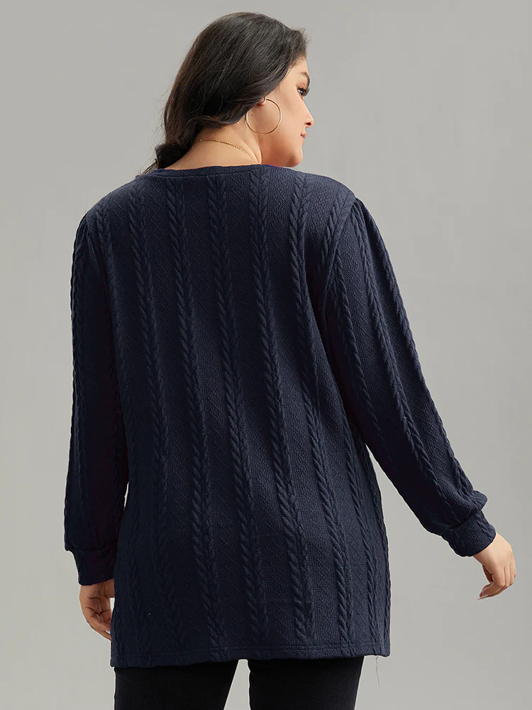 Plain Cable Knit Elastic Cuffs Sweatshirt - Image 3